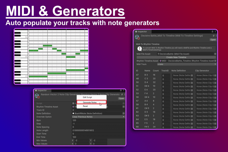 MIDI import support with note generators to onvert midi tracks to rhythm timeline tracks.